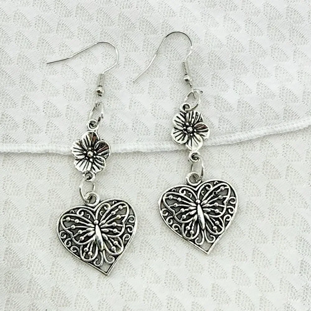Silver Butterfly Heart Dangle Earrings | Floral Romantic Vintage Style